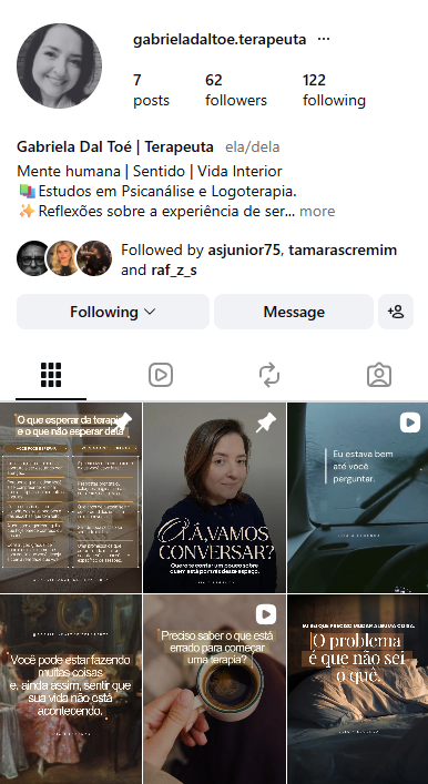 Perfil de Gabriela Dal Toé no Instagram com publicações sobre terapia